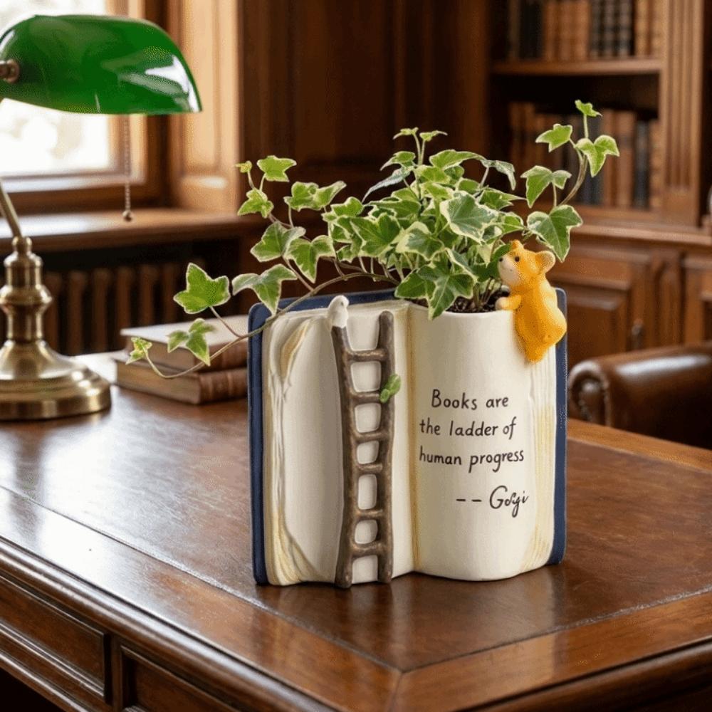Compact Puppy Bird Ladder Planter Polyresin Open Book Flower Pot Book-Shaped Planter Office Use