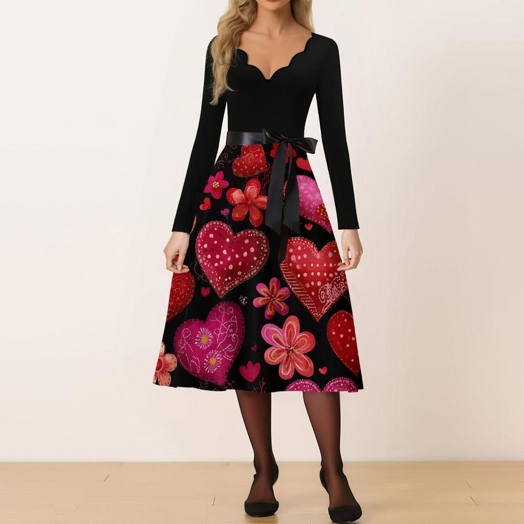 Damen Casual Mode V-Ausschnitt Valentinstag Print Retro Kleid