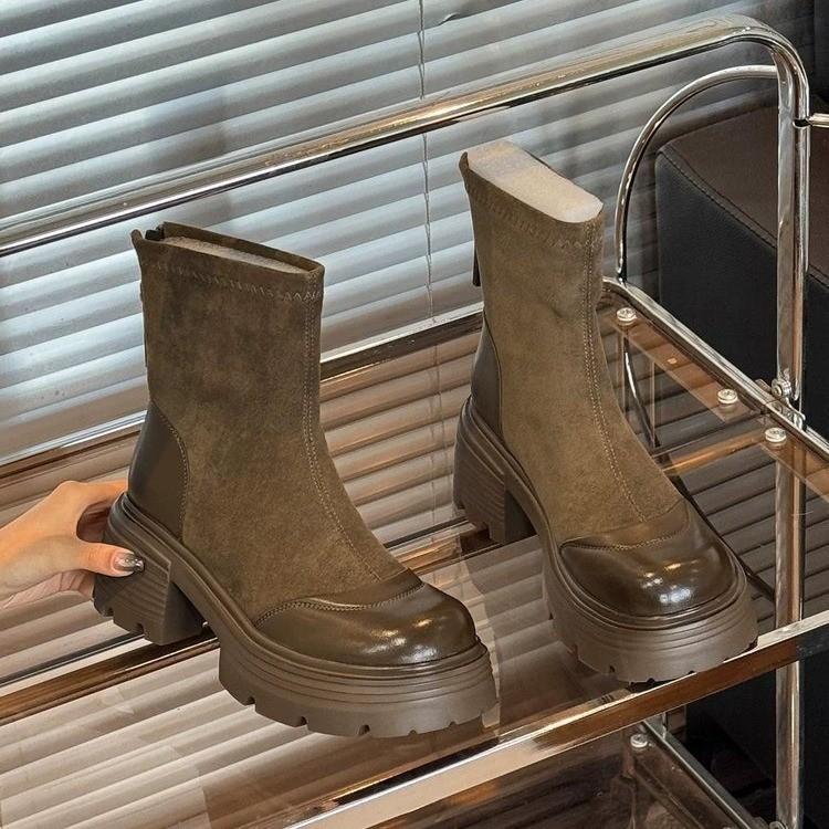 Women's Boots Vintage Platform Splicing Woman Ankle Boots Design Back Zippers Thick Sole Shoes  Autumn Short Botas Para Mujer