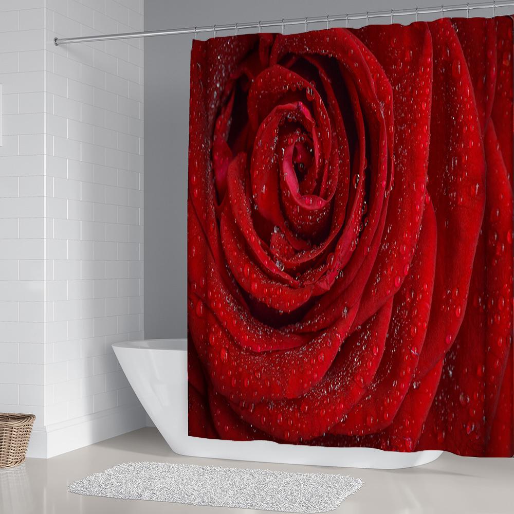 Rose Shower Curtain, Red Flower Fabric Bathroom Curtains Set with Hooks Floral Bathroom Decor Polyester Machine Washable