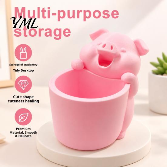Home Office Organization 3D Printed Cute Piggy Storage Pot, Cartoon Pig Shaped Pen Holder, Small Items Bucket Makeup Brush Organizer, Multifunctional