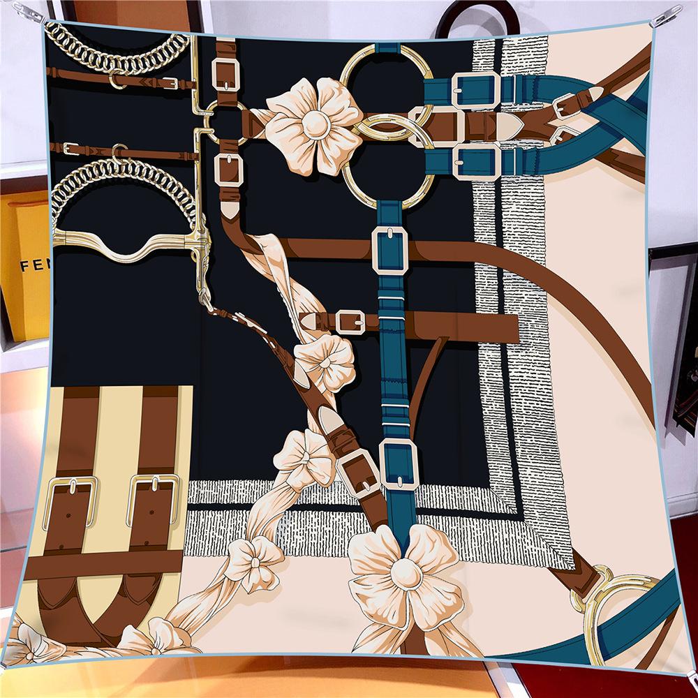 90Cm Twill Silk Scarf Shawl Luxury  Belts Chains Print Square Scarf Women Hijabs Bandana Foulard Neckerchief Head Scarves