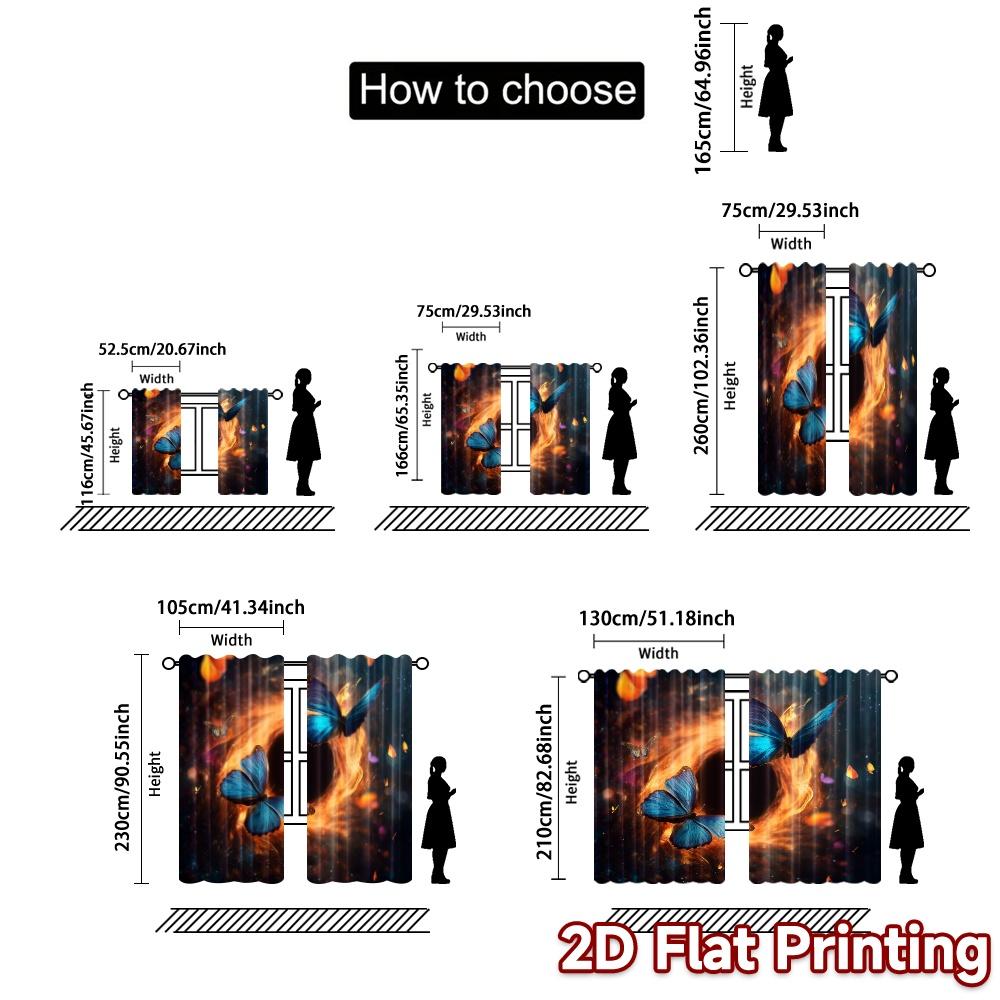 Set Of 2 Modern Flat Printing Curtains Without Rod Celestial Butterflies Durable Polyester Curtain With Light Filtering