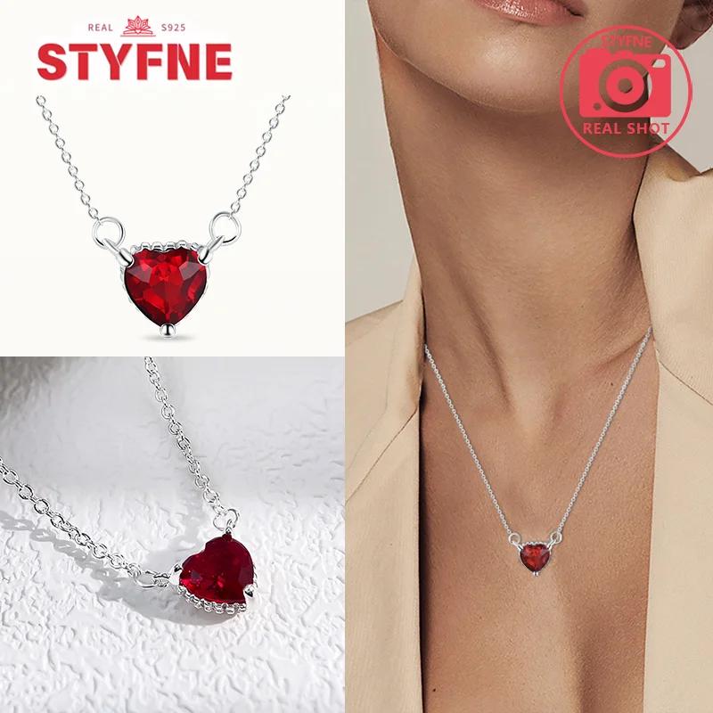 925 Silver Heart-Shaped Shiny Zircon Elevated Red&Pink&Blue&White Heart Necklace Lover's Gift Fine Jewelry for Women