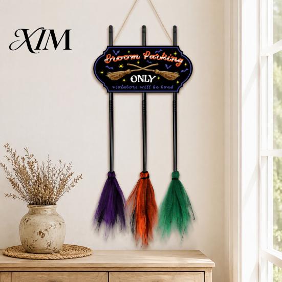 Compact Storage Holiday Wall Signs Halloween Broom Parking Sign with 3 Witch Brooms, Hocus Pocus Themed Wooden Sign, Lightweight Seasonal