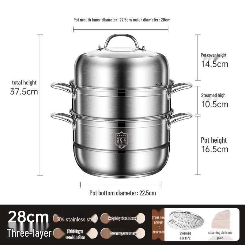 Three-Layer Multi-Functional 304 Stainless Steel Steamer Pot with Large Capacity for Steaming and Boiling