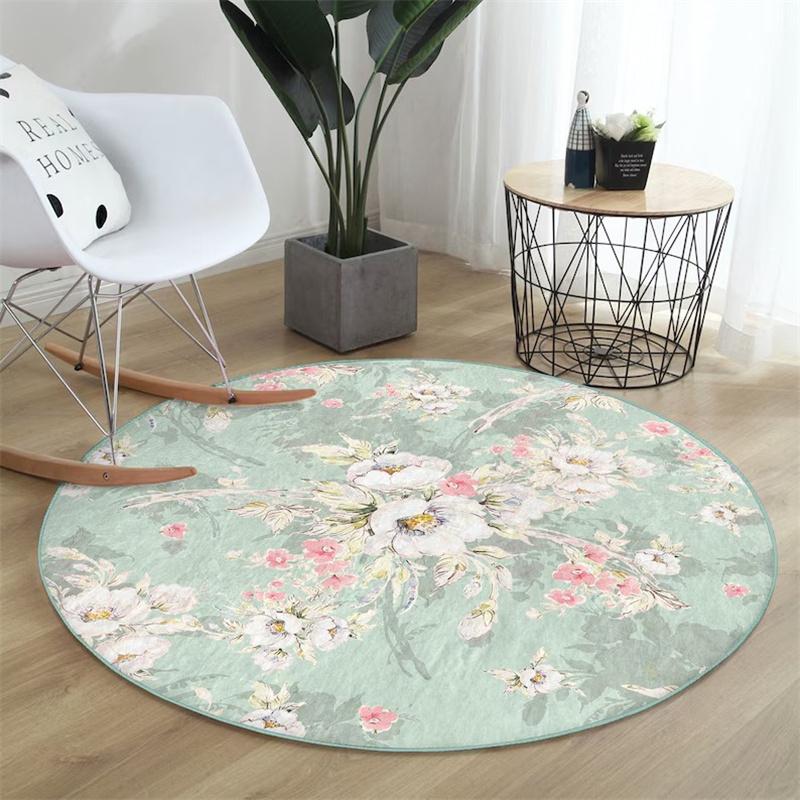 Rose Round Rug Floral Floor Carpet Flower Non Slip Circle Rugs Plant Anti Slip Mat Bloom Area Rugs Green Rug for Living Room