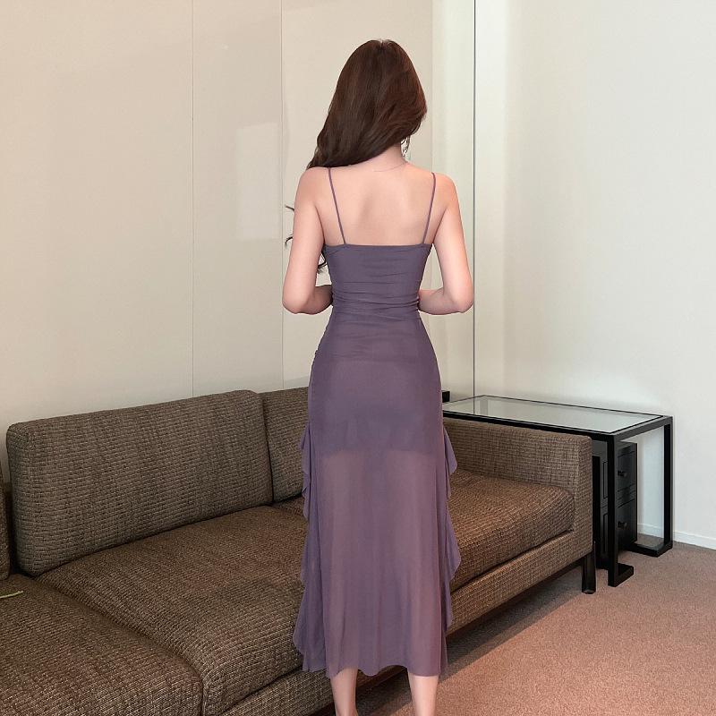 Sultry Mesh Low-Cut Slim-Fit Pleated Slit Dress