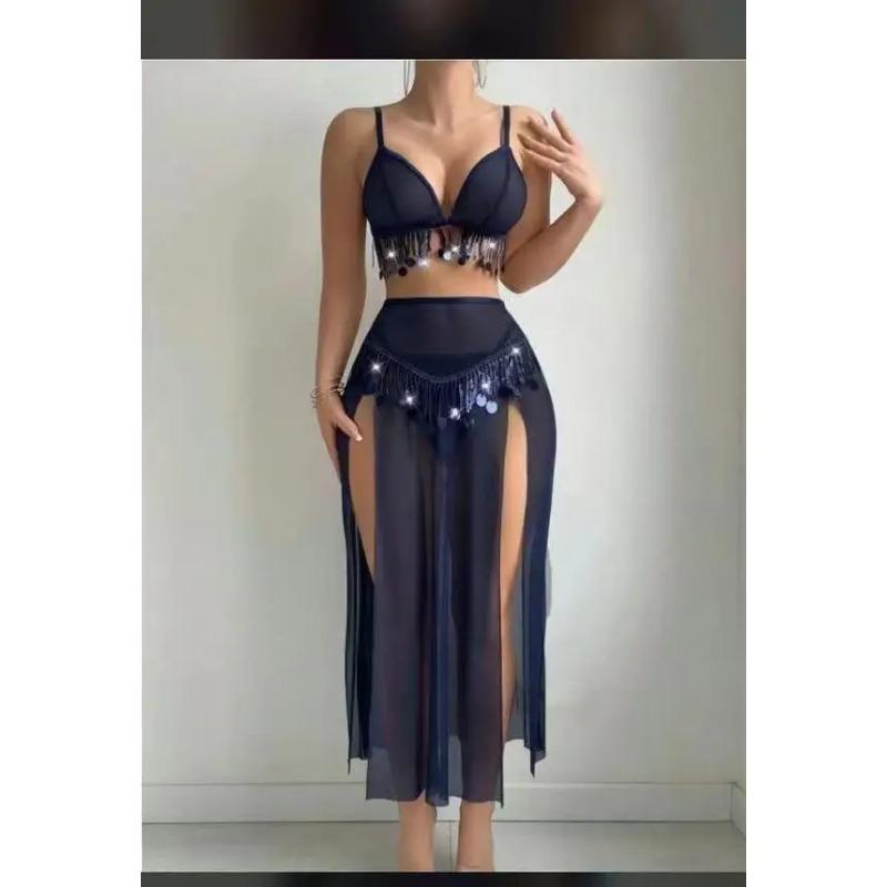Erotic Sexy Transparent Solid Color Sequin Skirt Set Backless Deep V Suspenders Sleeveless Skirt Sets Charming Elegant Beautiful