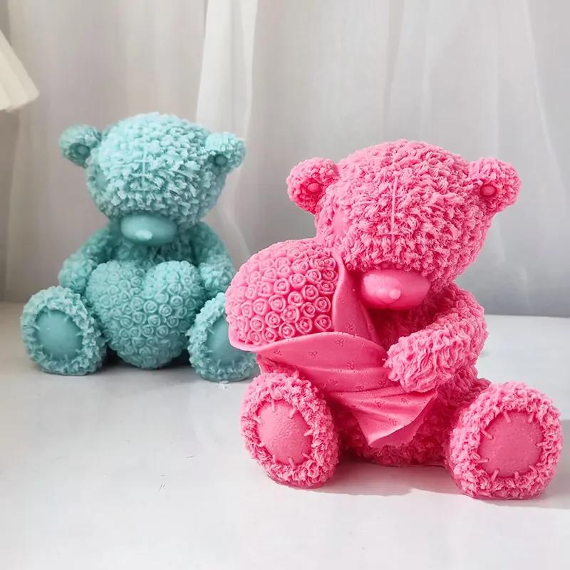 Top Quality Large Silicone Mold for Plush Bears Heart-Shaped Bear & Floral-Bear Candle Valentine's Day Cake Decoration Mold