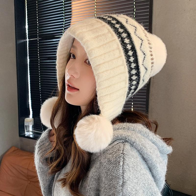 Herbst Winter Pelzig Warm Lässig Vielseitiger Stil Winddicht Ohrenschutz Bommel Dekoration Strickmütze Bequem Gemütlich Trendig