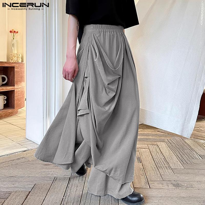 INCERUN Herre Elastisk Midje Uregelmessige Lag Casual Løse Lange Bukser Vide Ben Bukser