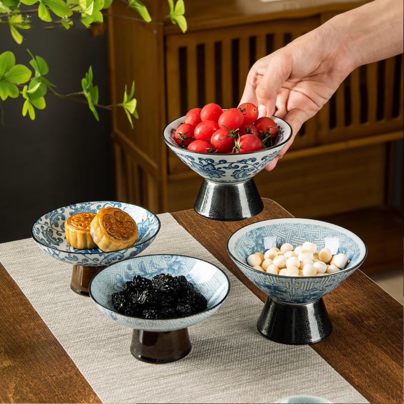 Blue and White Porcelain Ceramic Plate Dessert Plate Tall Fruit Tray Ice Cream Bowl Home Living Trinket Dish Kitchen Tableware