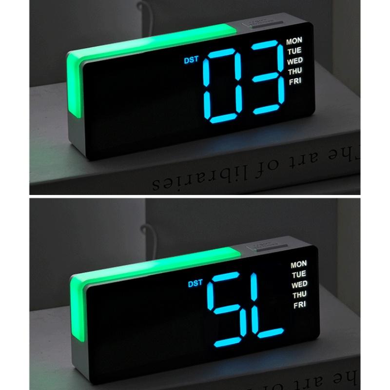 LED Digital Alarm Clock Atmosphere Light Date Teperature Week Display DST Snooze Table Clock 12/24H Brightness Adjustment