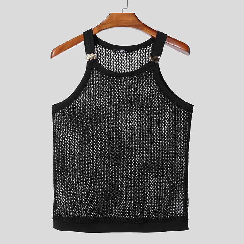INCERUN Vară Bărbați Curea Fără Mâneci Decupat Plasă Transparentă Tricouri Tank de Plajă