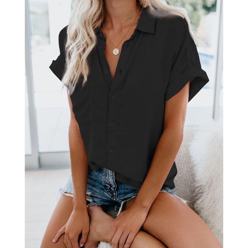 Women S Short Sleeve Button Up Solid Color Casual Shirt