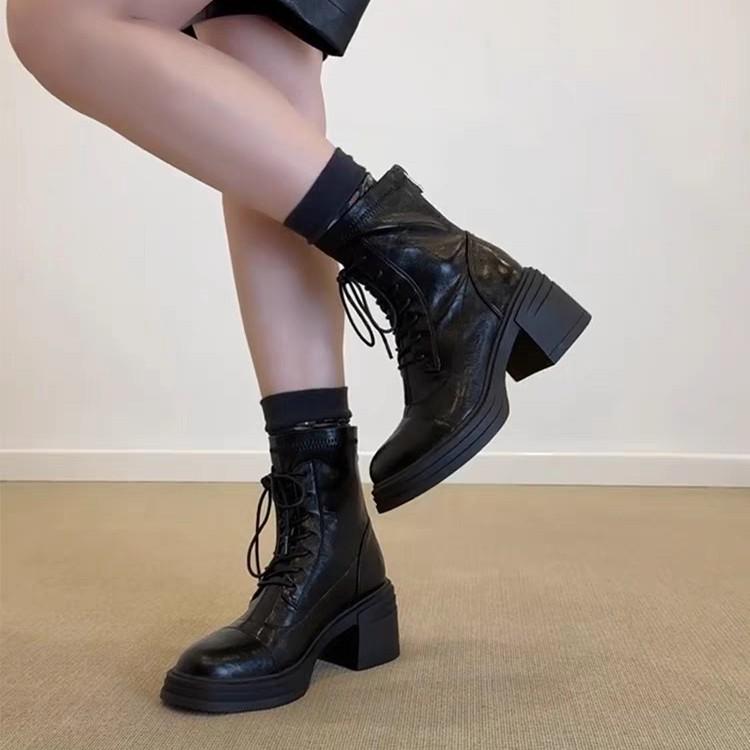 Francouzský retro styl kulatá špička silný podpatek krátké boty dámské 2025 nové všestranné módní tenké boty zadní zip Martensky