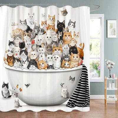 Cartoon Cute Cat Bath In Bathtub Print Shower Curtain for Modern Bathroom Decor, Fabric Washable Home Bath Curtain With Hooks