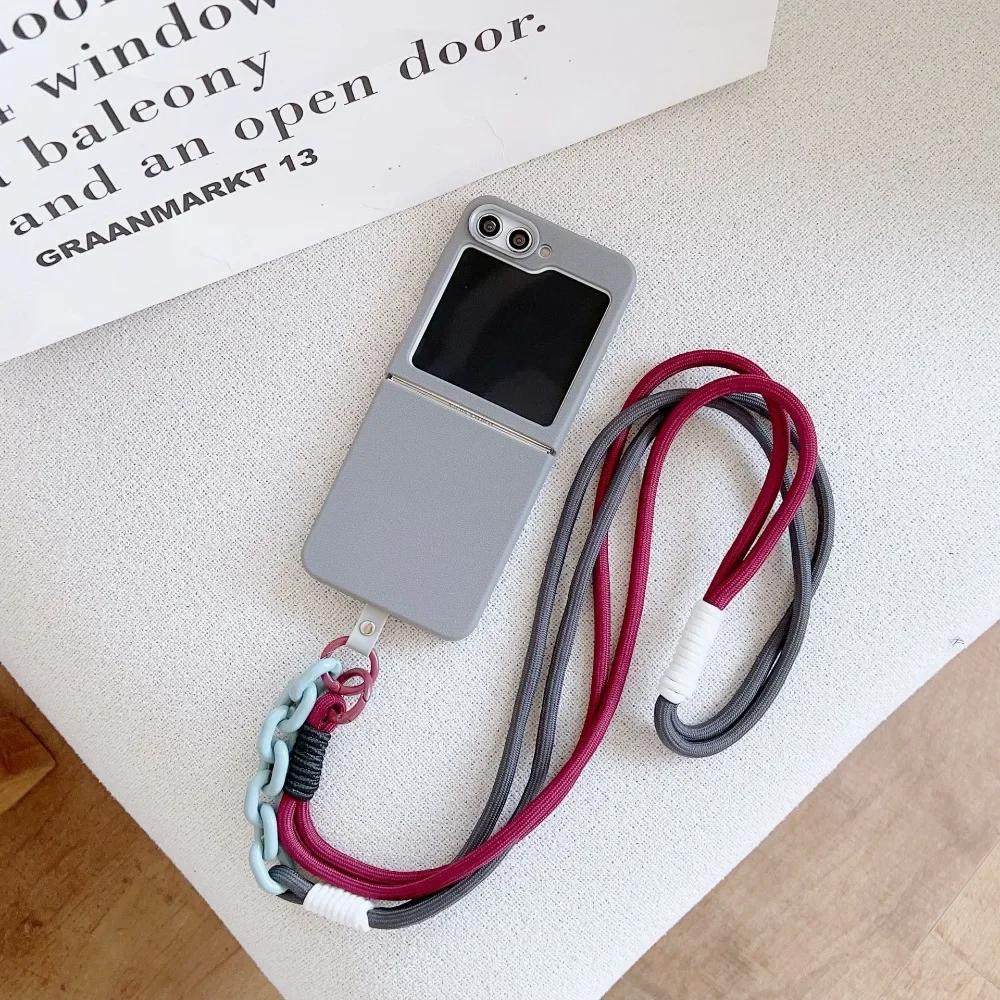 Simple Plain Leather Pattern Crossbody Lanyard Phone Case for Samsung Z Flip 6 5 4 3 Flip6 Flip5 Flip4 Flip3 5G Protective Cover