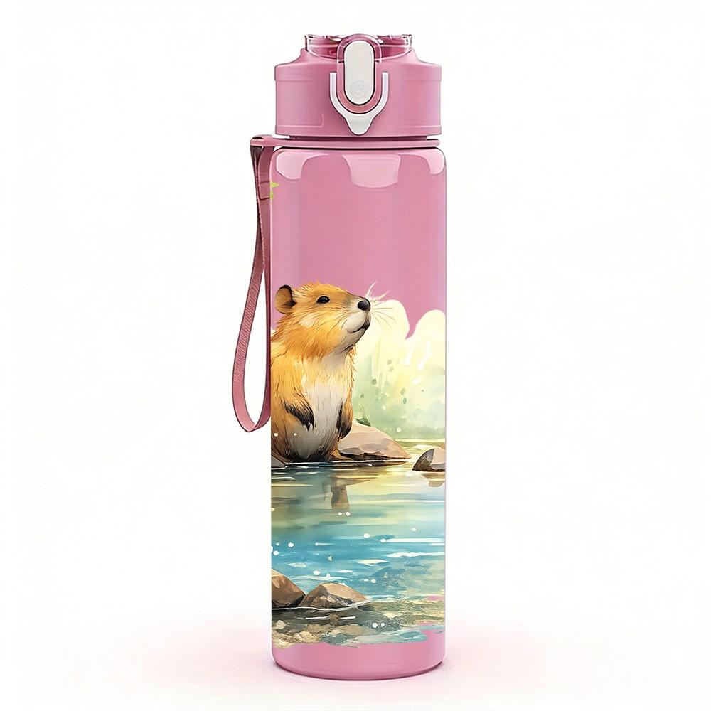 1PC Beaver River Water Scene Print 750ml Color Plastic Sports Water Bottle Leakproof Flip Straw Lid Suitable for Sports Office Home Use