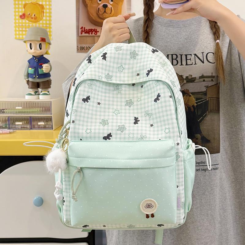 Schoolbag Korean girl wind polka dot star printed backpack small fresh plaid schoolbag female junior high school student large capacity backpack