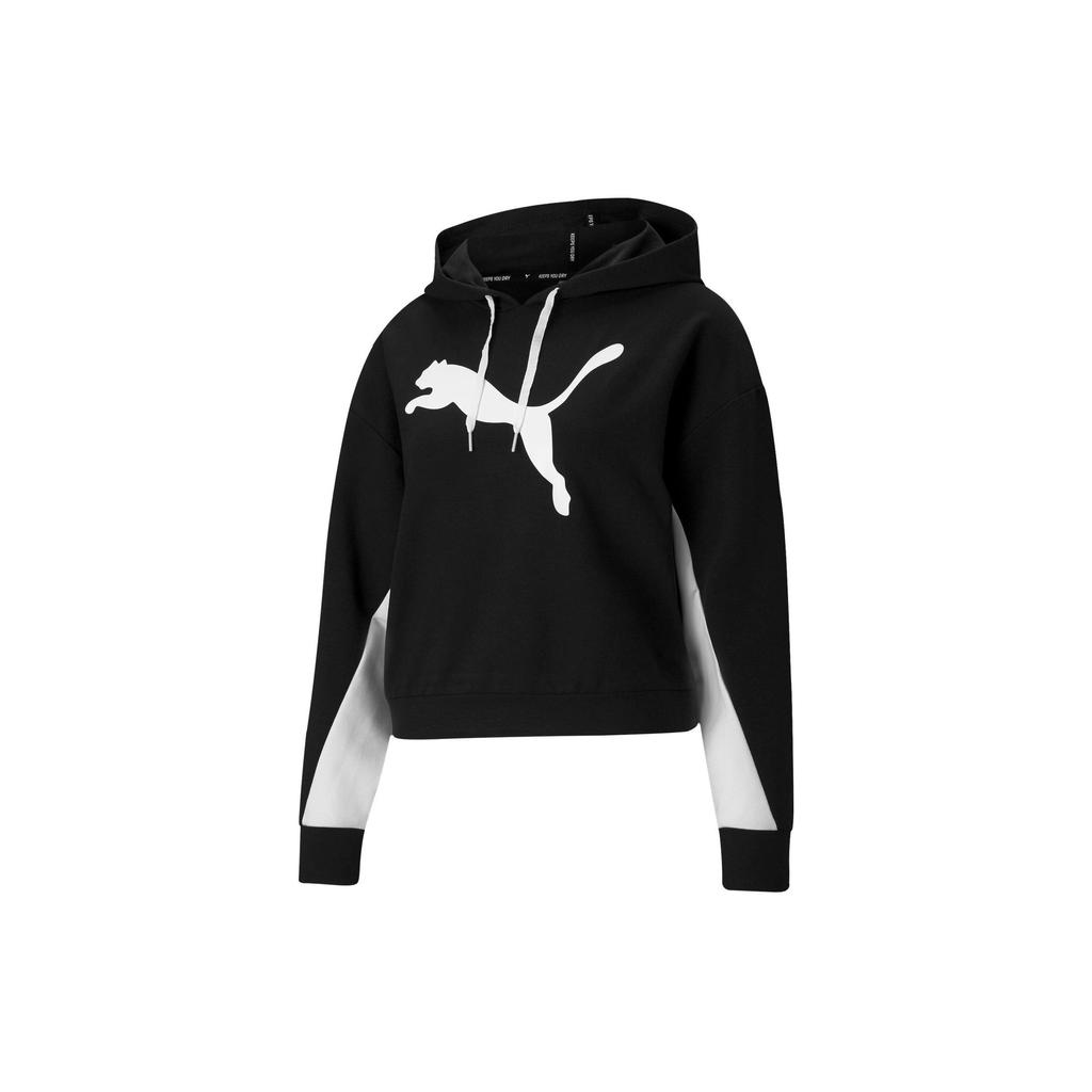 Puma Logo Print Color Block Drawstring Hooded Pullover Long Sleeve Sweatshirt Women Sweatshirt Black 588721-01