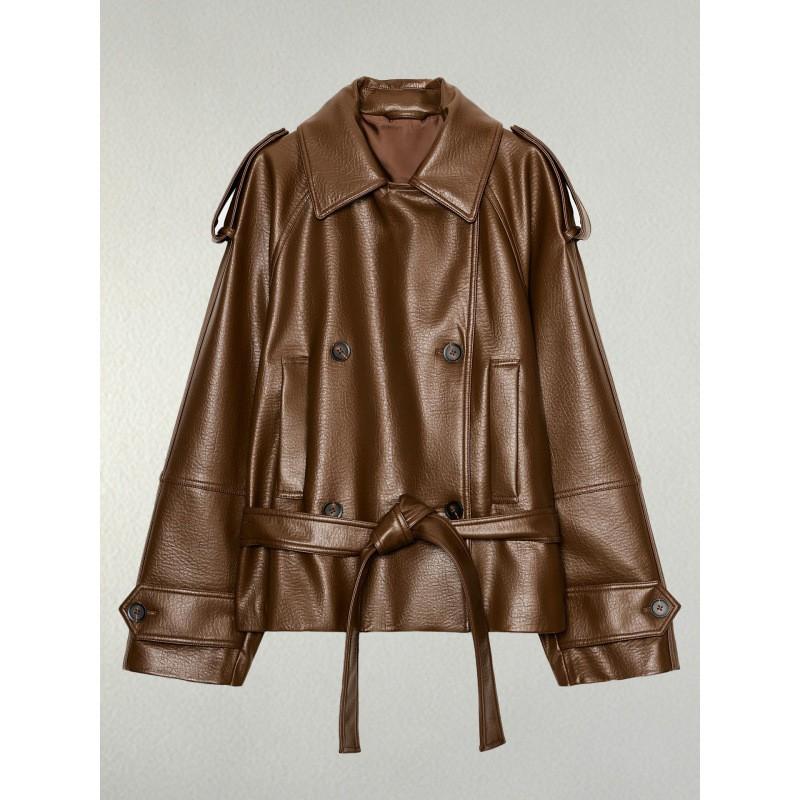 Womens Brown Faux Leather Double-Breasted Peaked Collar Jacket With Waist Belt Retro Style