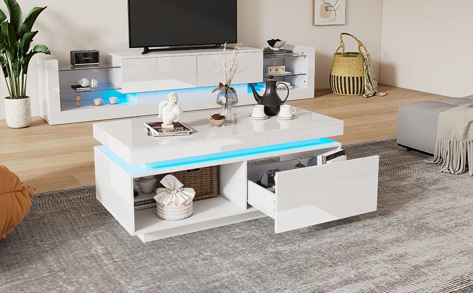 Moderner Hochglanz-Couchtisch mit LED-Beleuchtung, 100x50x40,3 cm – Eleganter Tisch mit Schublade und 50 kg Tragfähigkeit