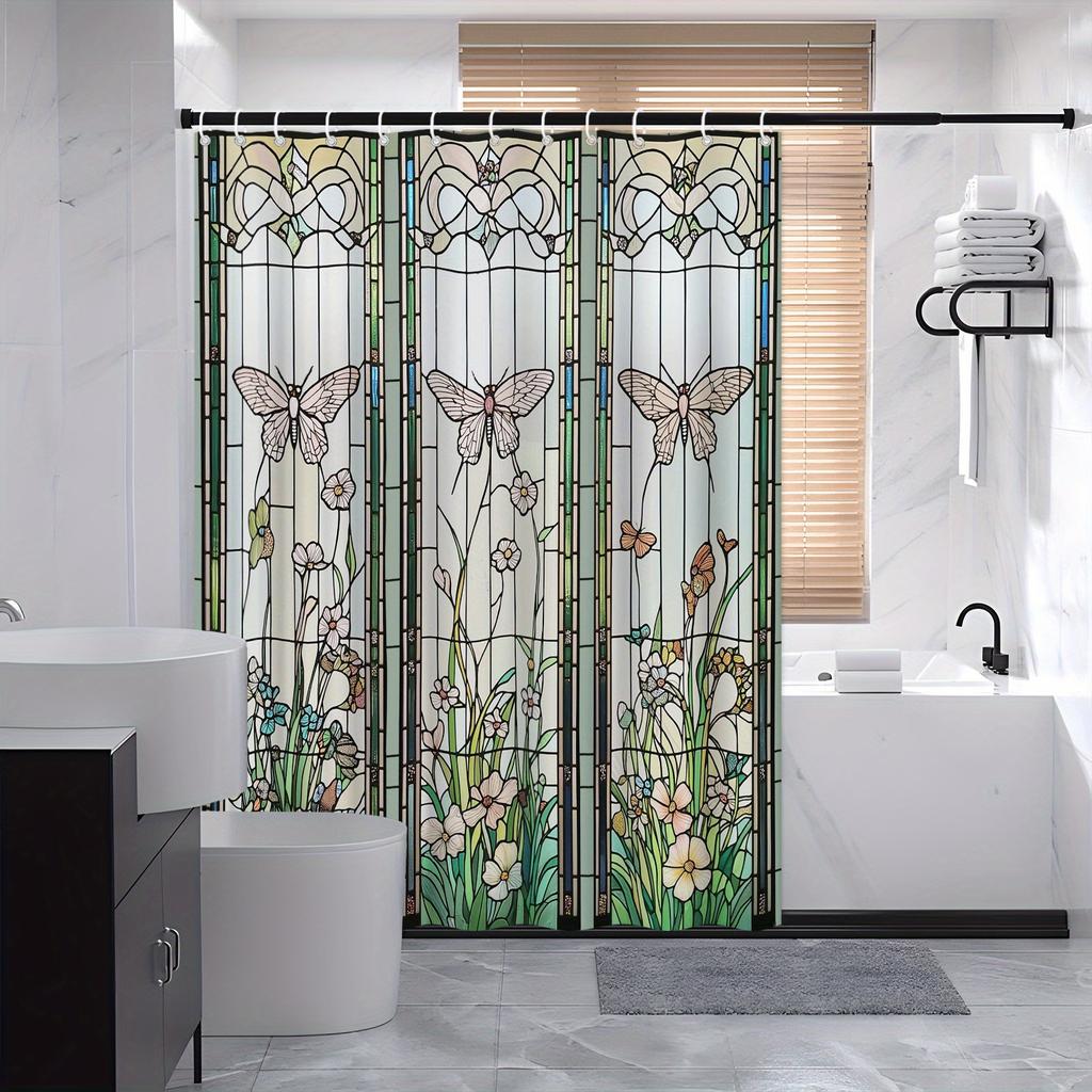 1pc Art Nouveau Floral & Butterfly Shower Curtain - 70x70In Polyester, Vibrant Colors, Machine Washable, 12 Hooks, Bath Decor