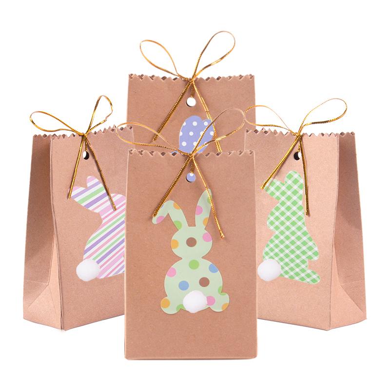 8pcs Kraft paper Easter Bunny Gift Bags with Rope stickers Easter Party Favors Rabbit Treat Bag Gift Packing Bags for Kids