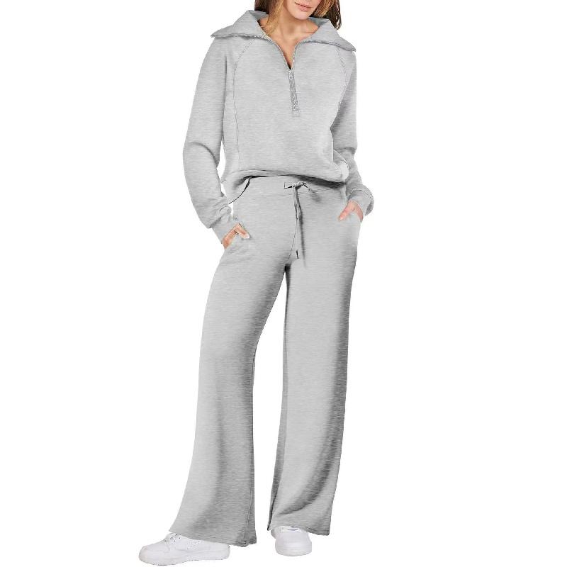Autumn Fashion Casual Sports Set: Zippered Long-Sleeve Women's Sweatshirt and Wide-Leg Pants Two-Piece Set