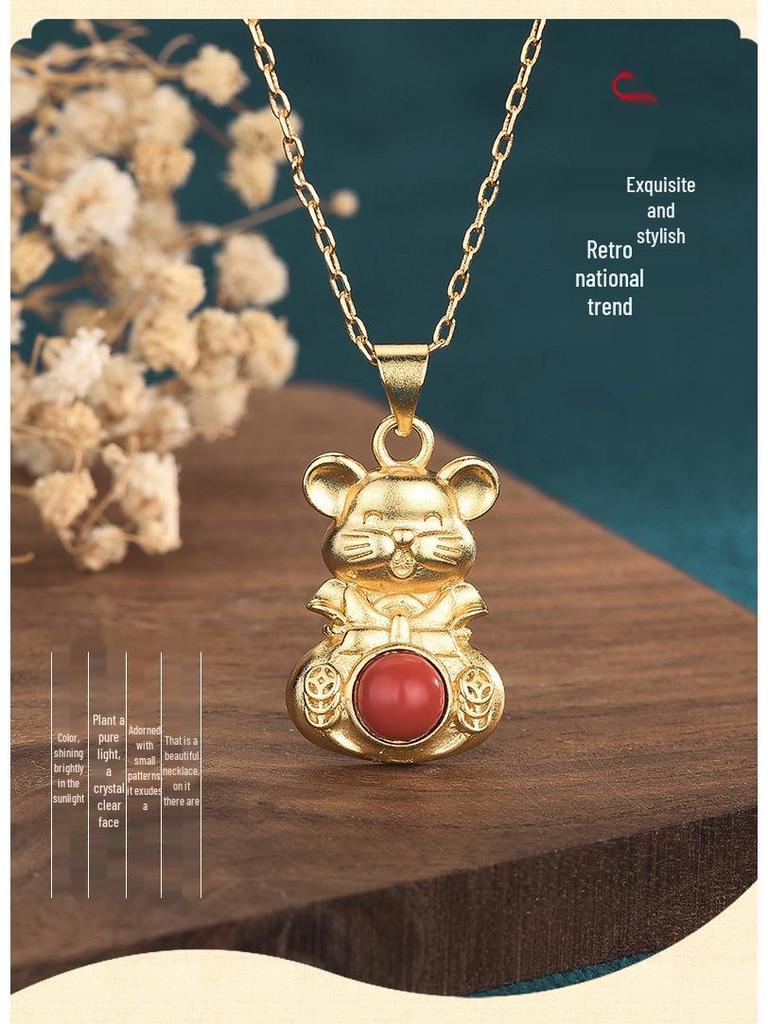 2022 Year of the Tiger Zodiac Gold-Plated Pendant Necklace with Imitation Red Agate