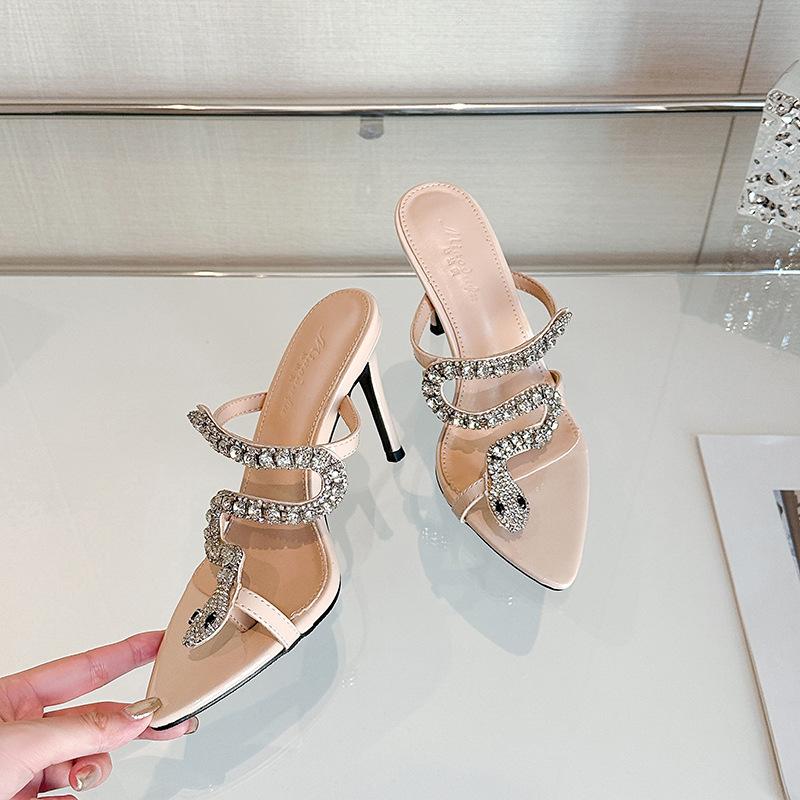 

2025 summer new Internet celebrity pointed snake buckle word with rhinestone sandals half drag female stiletto fairy high heel sandals 40