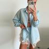 Strandhemden Shorts Outfits Damen Revers Einreiher Langarm Spitze Patchwork Sets Damen Frühling Sommer Urlaubssets