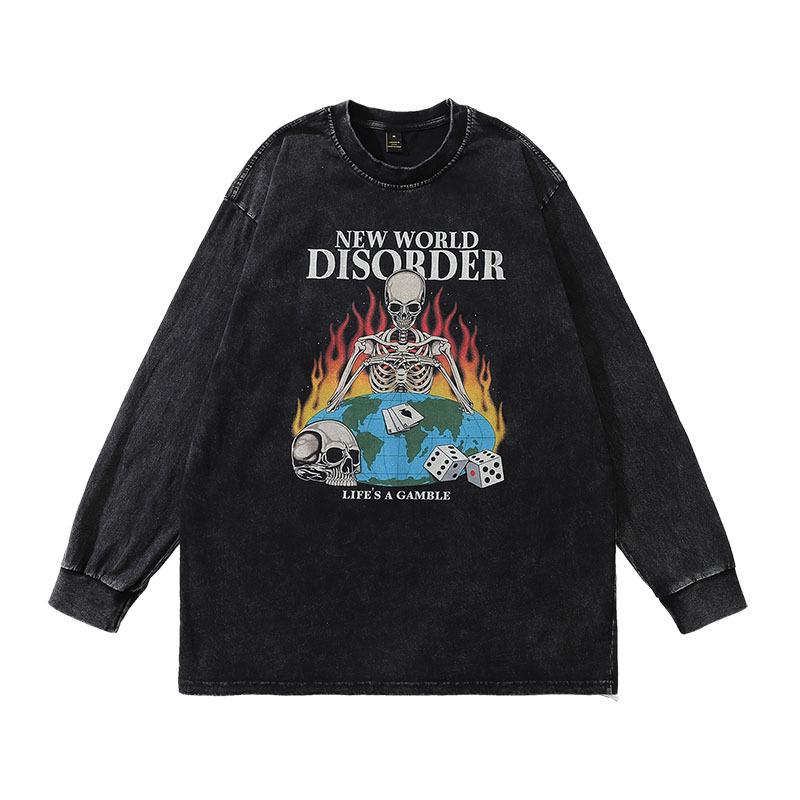 High Street Printed Sweater Ins American Retro Trendy Brand Washed Old Oversize Cotton Long Sleeve T-Shirt Men