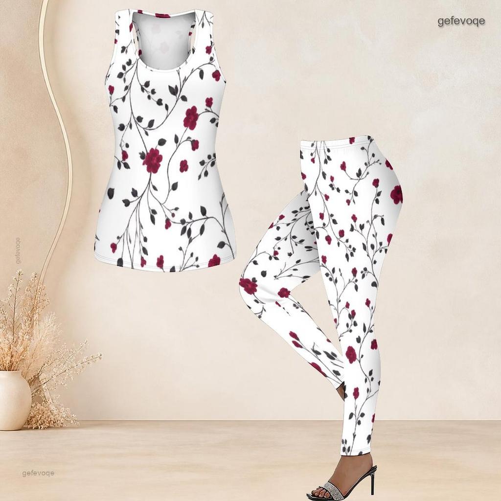 Women Plus Size Two Piece Set Scoop Neck Sleeveless Floral Printed Longline Tank Top Fitted Leggings