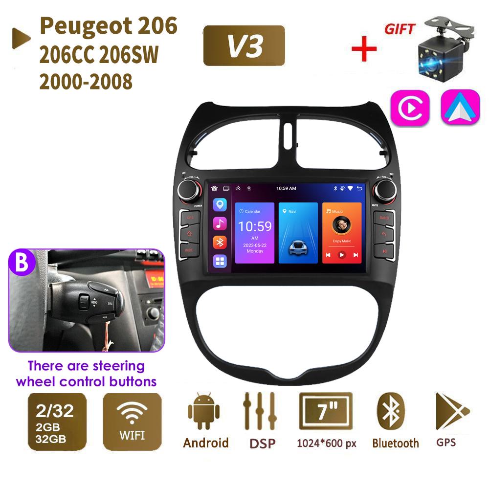 2 DIN autorádio s Androidem pro PEUGEOT 206 206CC 206SW 2000-2008 Auto Multimedia Player WIFI GPS Autoradio Carplay Navi 2+64GB