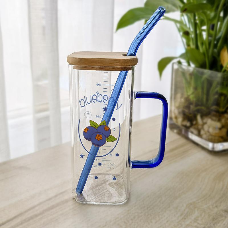 

350 мл квадратная стеклянная кружка с крышкой и трубочкой для завтрака, молока, прозрачная кружка для вечеринки, пива, кофе, посуда для напитков, стекло 301-400ml