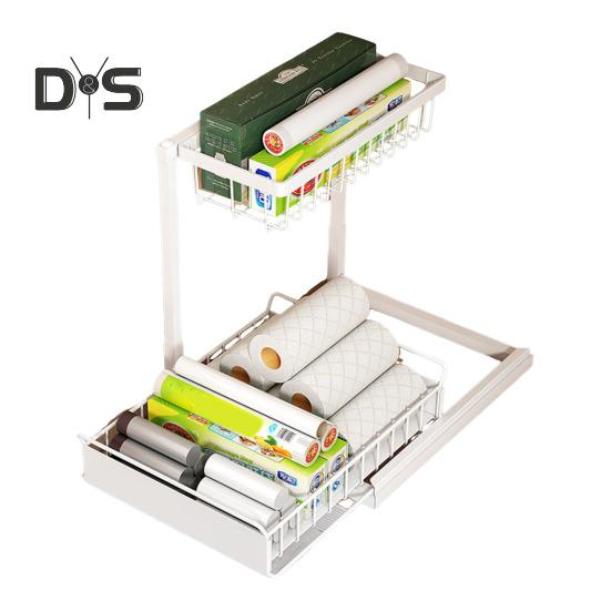 Under Sink Organizer with Sliding Drawer L-Shaped Carbon Steel Storage Rack Rust-Proof Under Sink Rack for Kitchen Bathroom Clutter