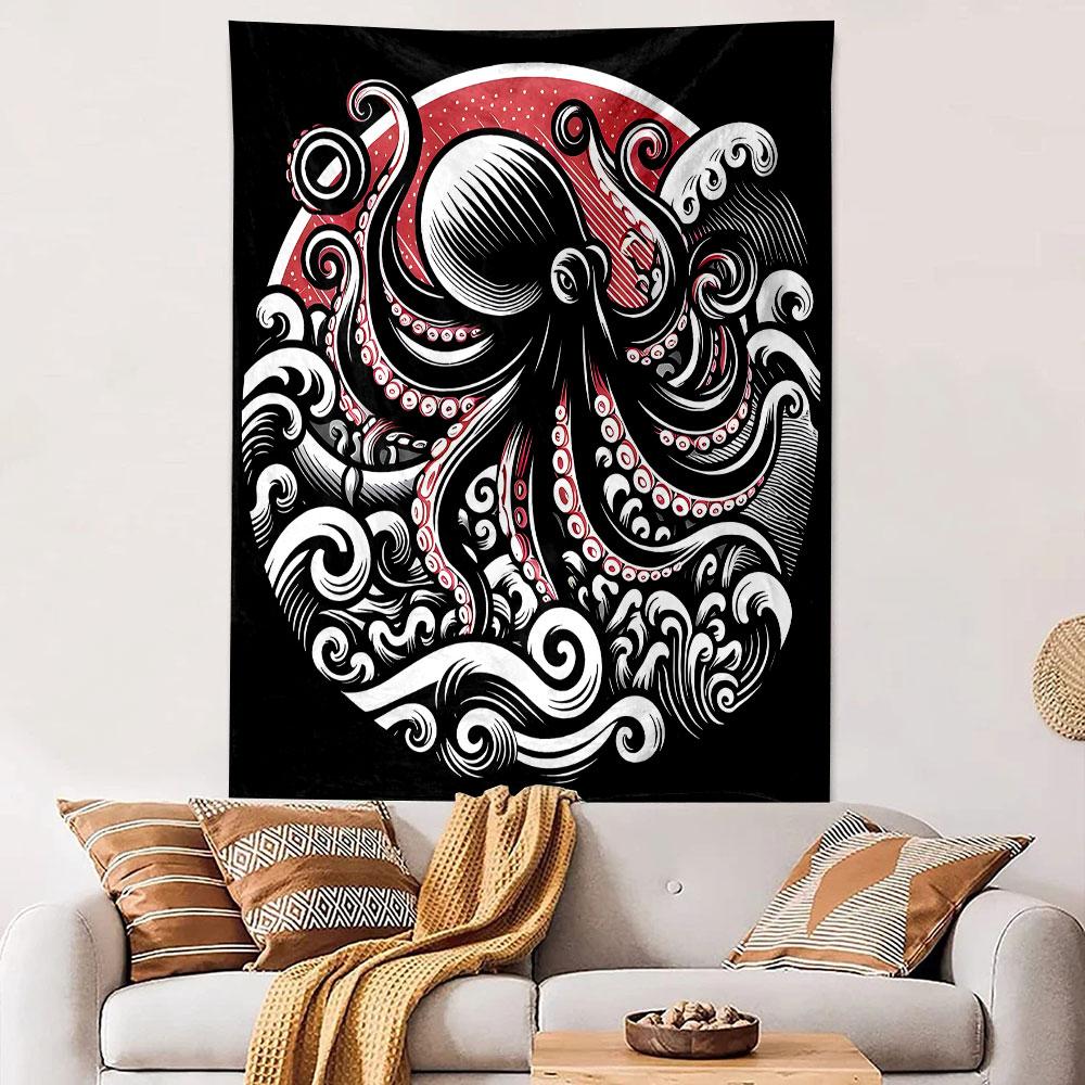 Octopus and Ocean Waves Illustration Patterned Tapestry Decorative Wall Hanging, Home Bedroom Living Room Decor