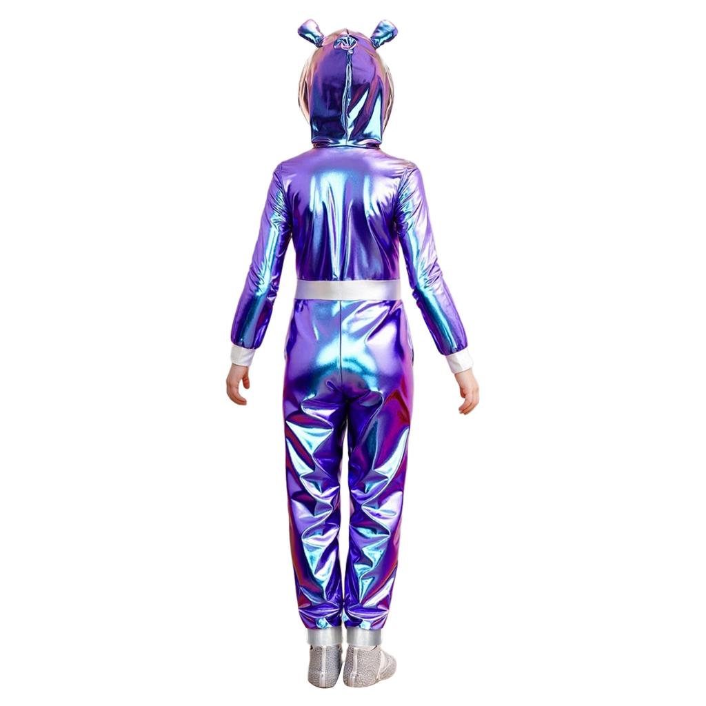 Mädchen Alien Halloween Kostüm Metallischer Glanz Kapuze Langarm Reißverschluss Vorne Jumpsuit Kostümparty Outfit