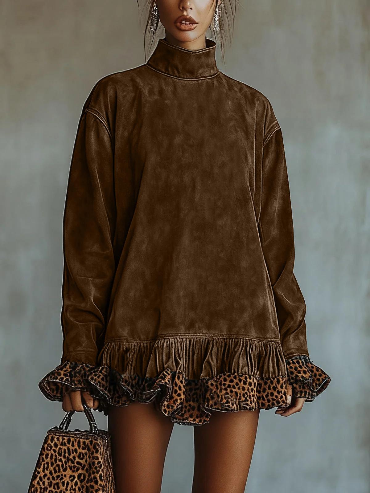 Women s Fashion Leopard Print High Neck Patchwork Dress, Long Sleeve X-Large темно-коричневого