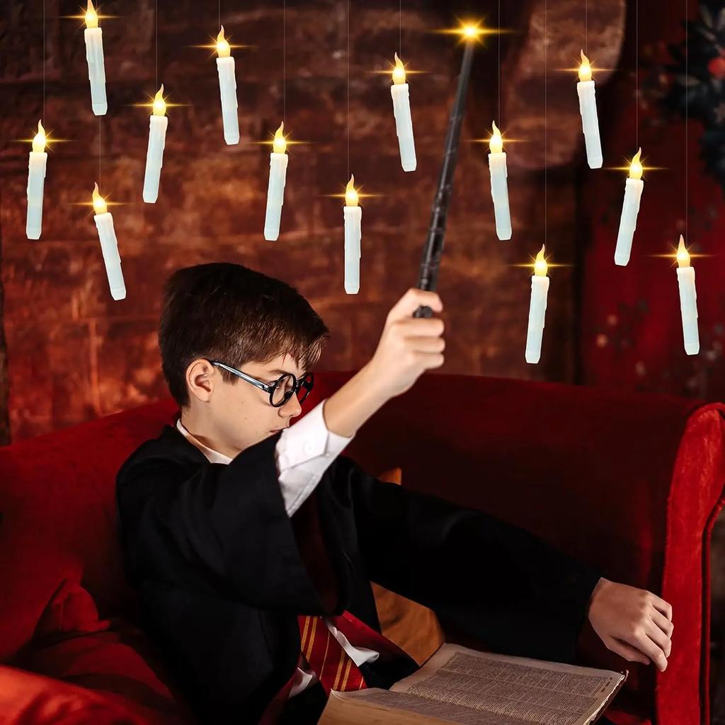 12Pcs Floating Remote Candles with Magic Wand Flickering Warm Light LED Flameless Candle Taper Candles Christmas Halloween Party