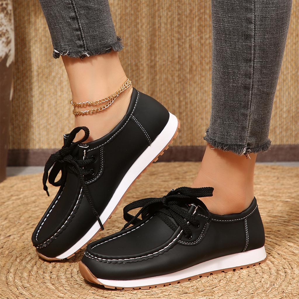 Women's Soft Leather Thick Lace-Up Casual Driving Loafers for Everyday Wear