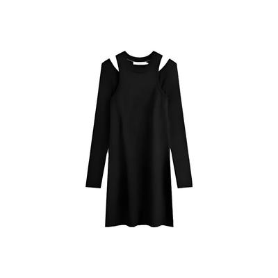 Solid Color Embroidered Letter Off-Shoulder Long Sleeve Dress Women Dresses Space-Black J222324-BEH