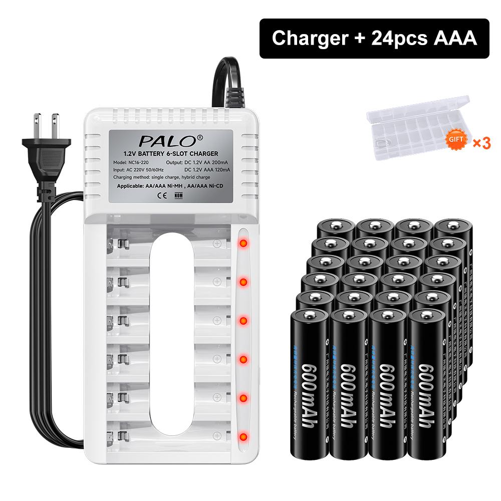PALO Rechargeable Battery AA 1.2V Ni-MH Batteirse AA(HR6) 1300mAh and AAA(HR03) 600mAh NI-MH 2A/3A Rechargeable Batteries+6-slot charger