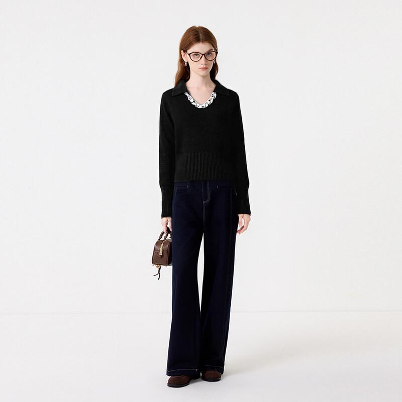 FivePlus Women's Slim Fit V-Neck Knit Sweater with Woven Chain Detail