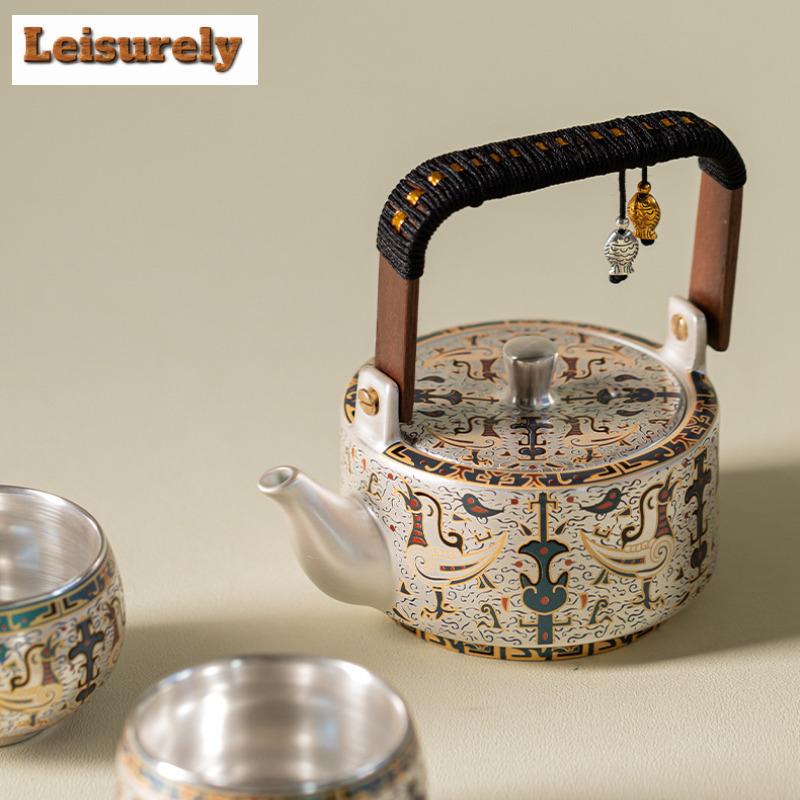 320ml Gilt Silver Dunhuang Bird Of Destiny Lifting Handle Teapot Zen Tea Infuser Pot Tea Soaking Kettle With Strainer Tea Set