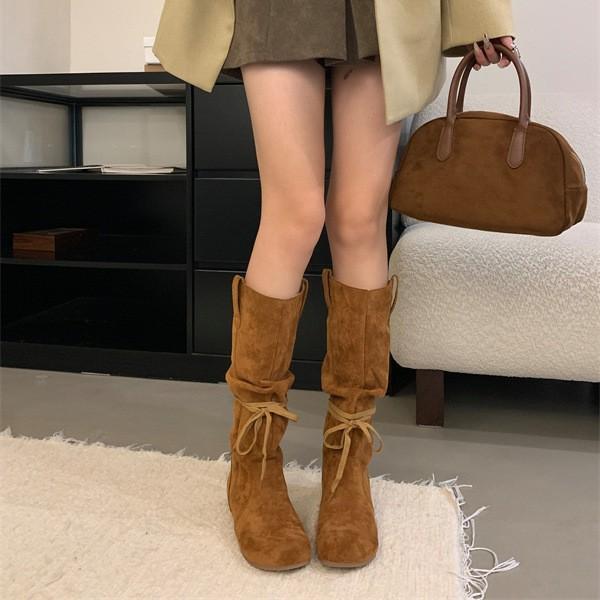 2025 autumn and winter new retro round head suede boots inner height increase women's boots lace-up versatile high boots