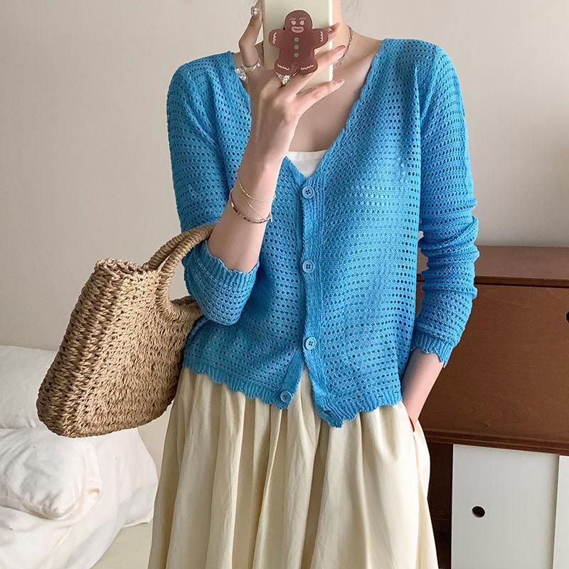 Small Fresh College Hollow Knitted Sweater Cardigan Women's Summer Thin Loose Long-sleeved Sunscreen Shawl Top